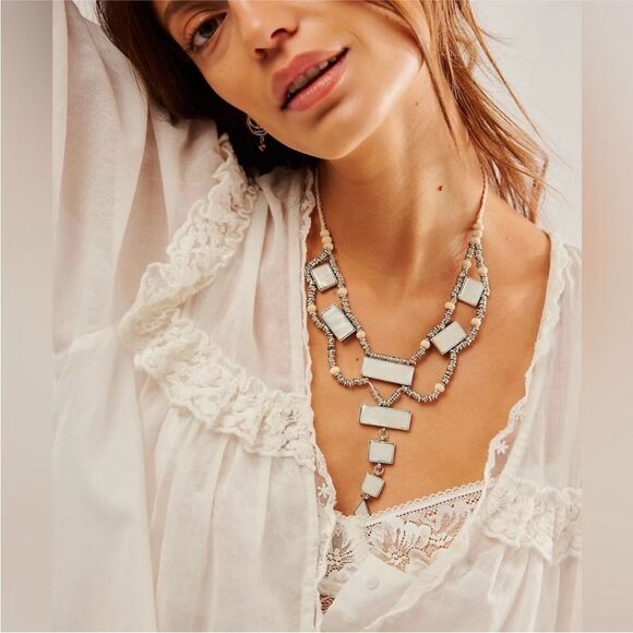 Free People Lately Women's Bib Dangle Necklace Abalone Silver Rope Beaded - Picture 7 of 7